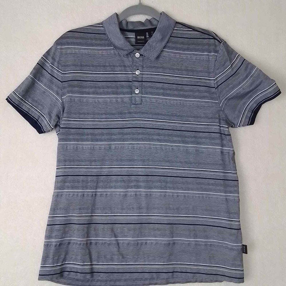 Hugo Boss Boys Polo L Blue Stripe Classic Fit‎ Short Sleeve Collar 100% Cotton